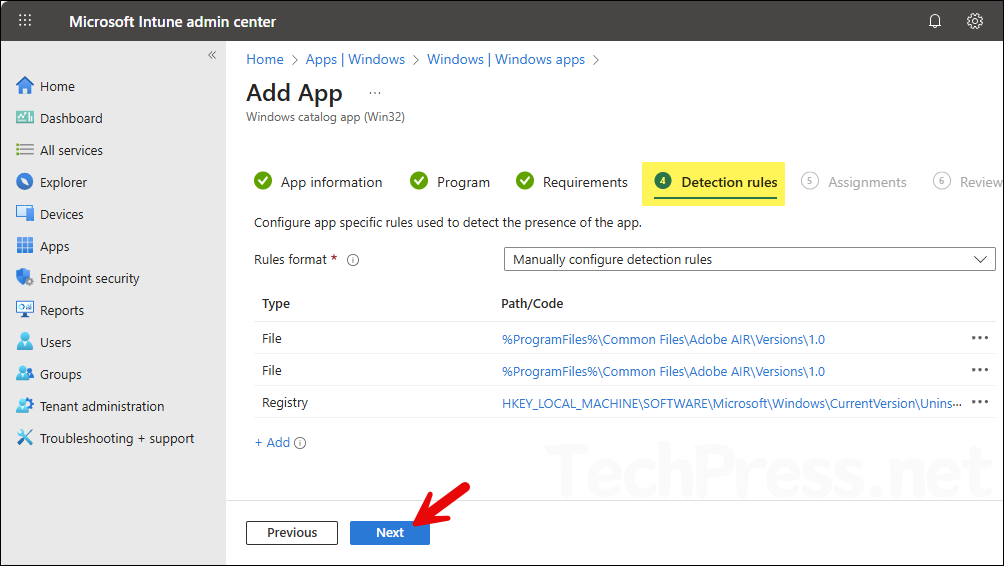 Adobe Air Intune deployment Detection rules tab