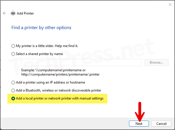 Add a local printer or network printer with manual settings