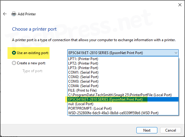 Select Use an existing port