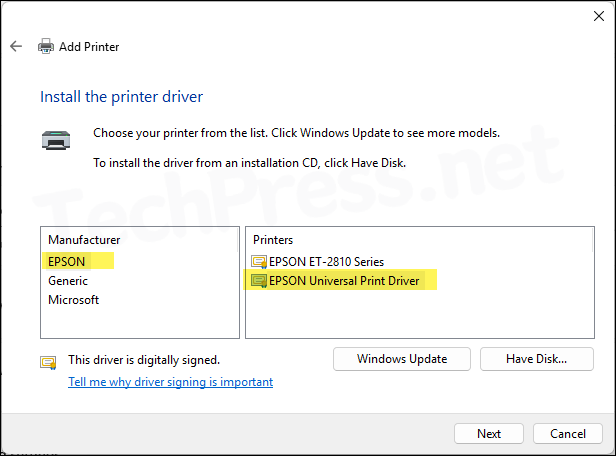 Selected the updated Printer driver