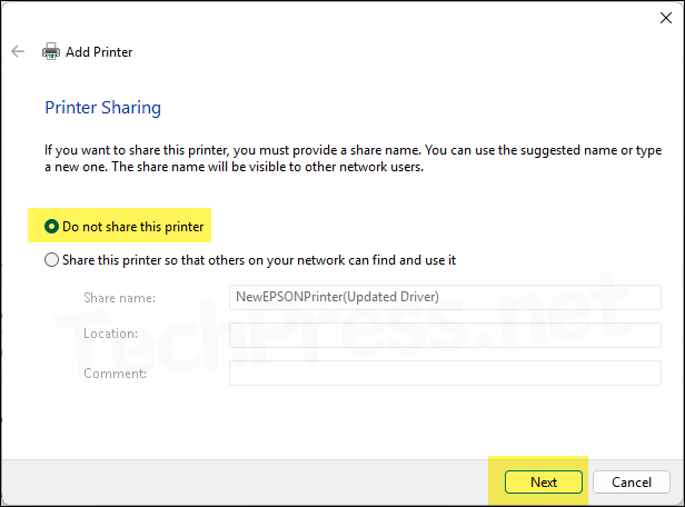 Printer sharing screen