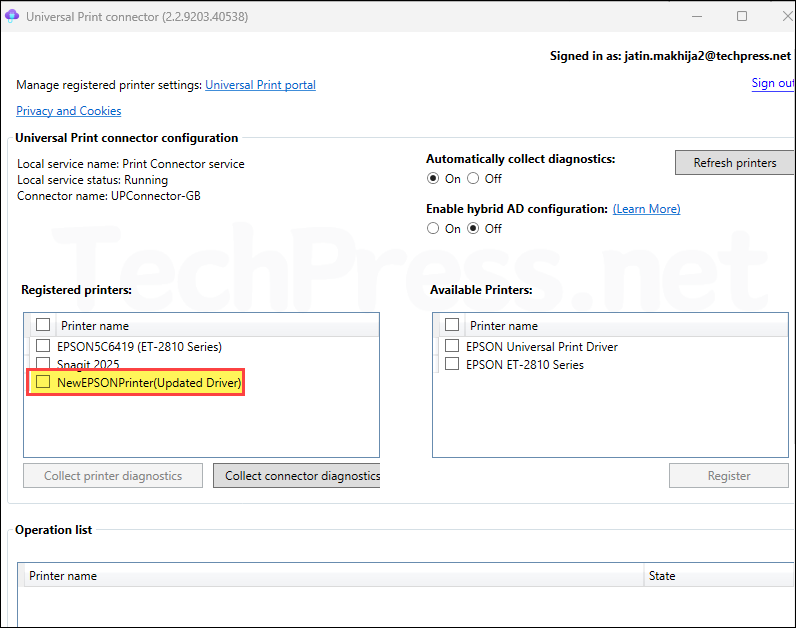 Register the New Printer using Universal Print Connector