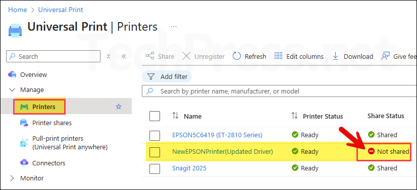 Unshare the new printer on Universal Print