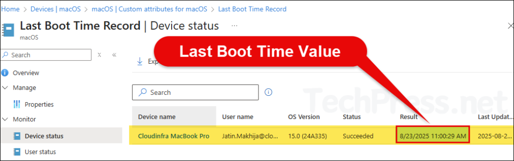 Last Boot Time Value Custom Attribute macOS Intune