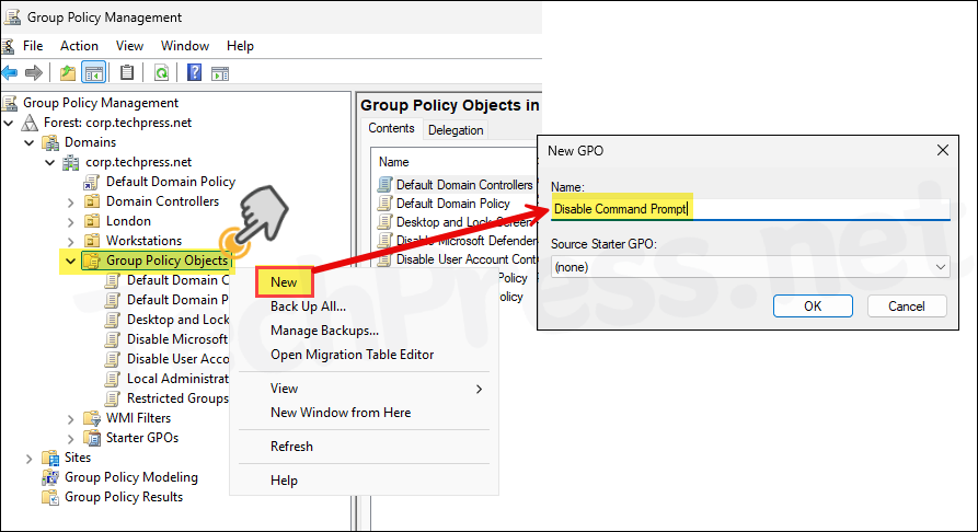 Create a new GPO to disable command prompt