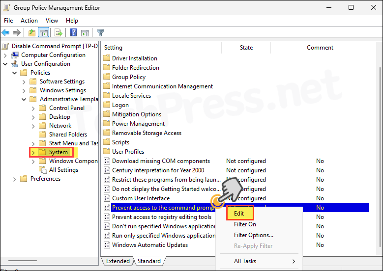 Right click Edit Disable Command Prompt GPO