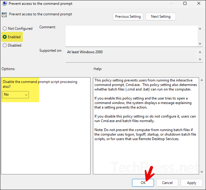 Enable Prevent access to the command prompt 