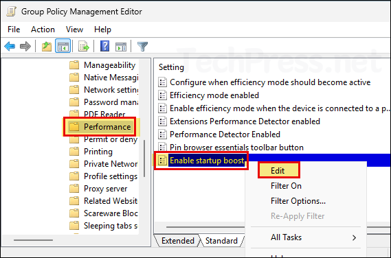 Edit Enable Startup Boost GPO setting