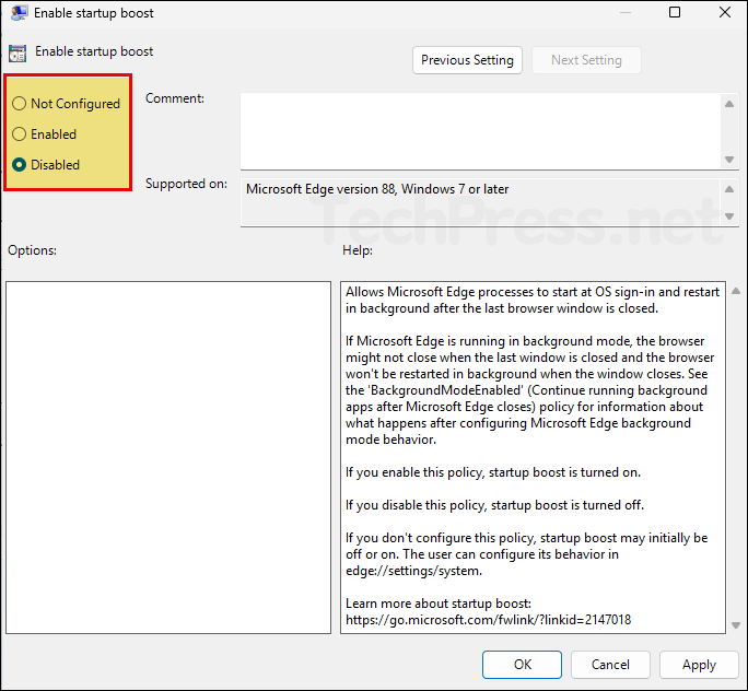 Select disabled for Enable Startup boost setting
