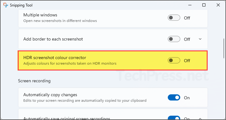 Disable HDR Screenshot Colour Corrector in Snipping Tool