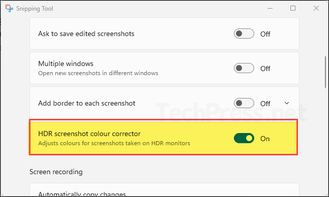 Enable HDR Screenshot Colour Corrector in Snipping Tool
