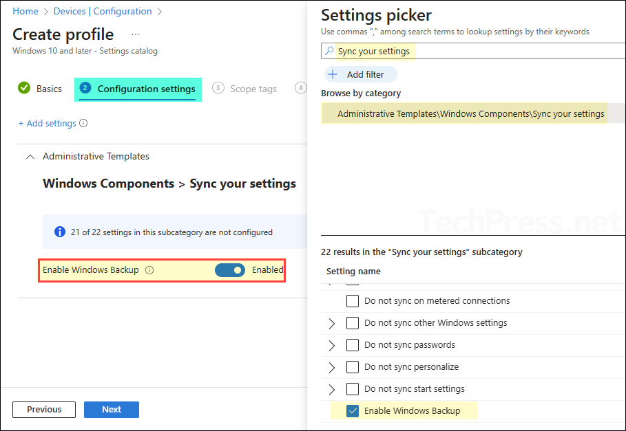Enable Windows Backup Intune policy 