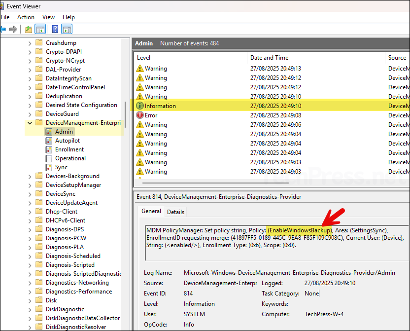EnableWindowsBackup Intune Policy Event Viewer