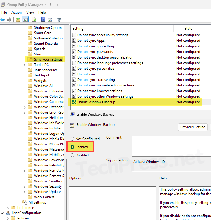 Enable Windows Backup GPO setting