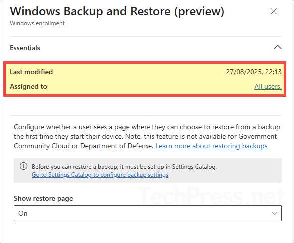 Show restore page setting intune
