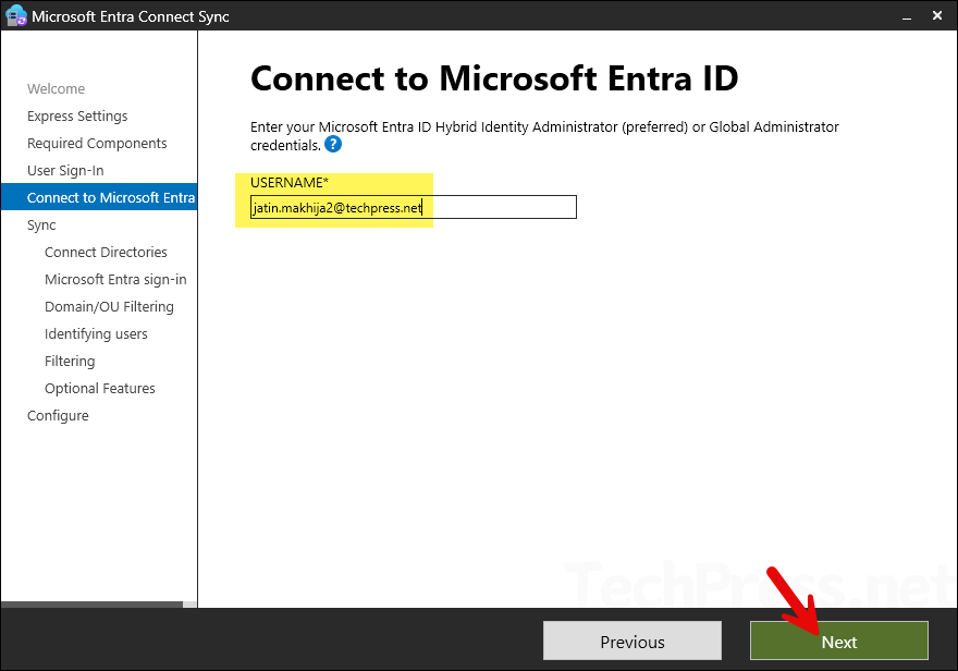 Provide Global administrator user for Connecting with Entra ID