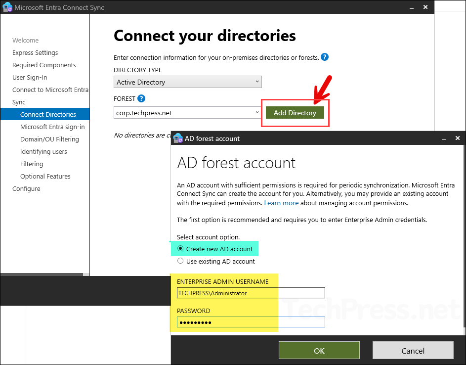 Click Add Directory and Provide Enterprise admin account on Entra Connect Sync