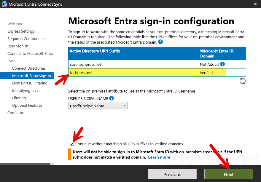 Entra Connect Sync Microsoft Entra Sign-in Configuration screen