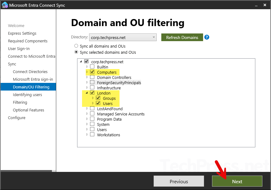 Entra Connect Sync Domain and OU Filtering screen