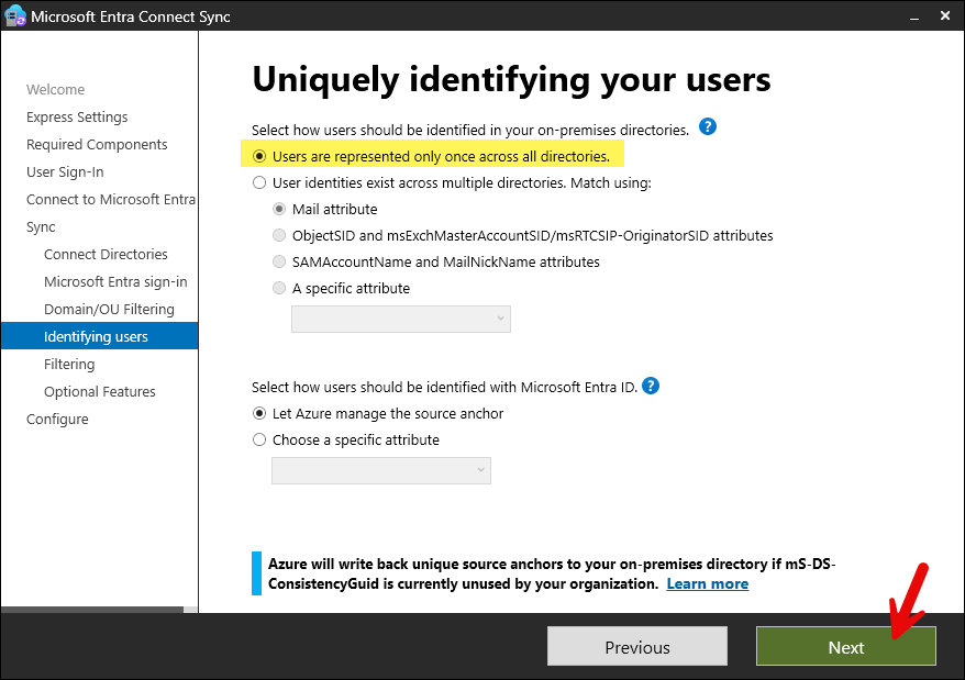 Entra Connect Sync Identifying Users screen