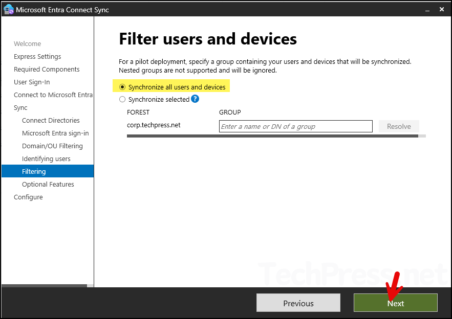 Entra Connect Sync Filter users and devices screen