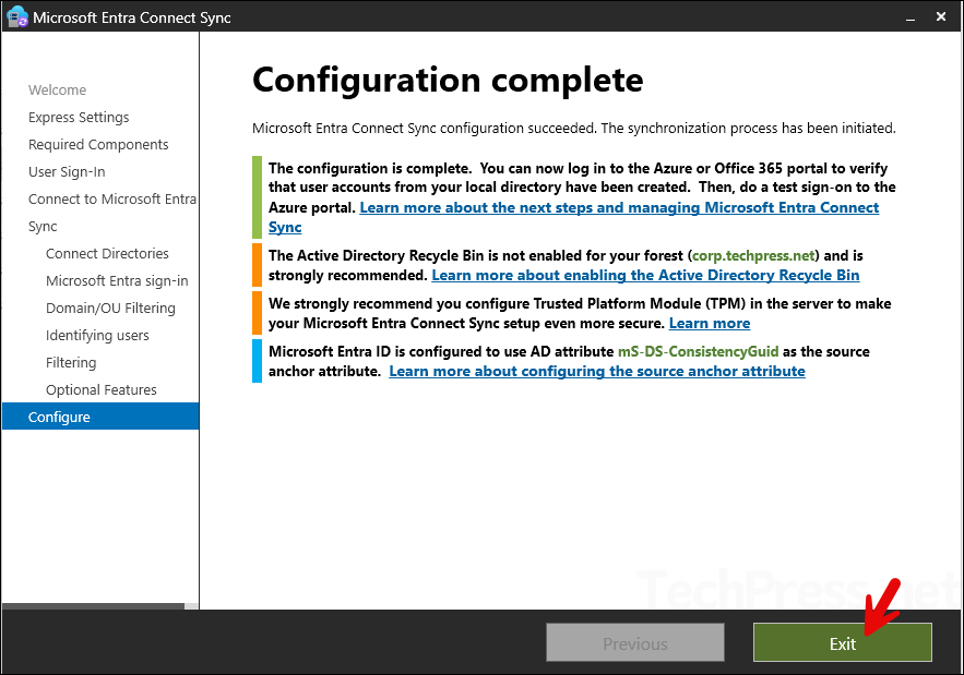 Entra Connect Sync Configuration complete