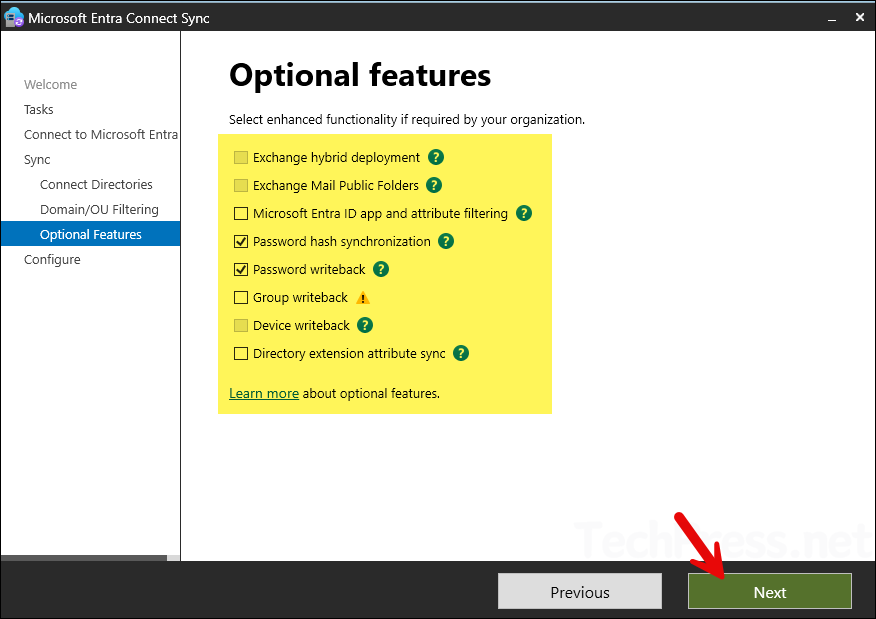 Reconfigure Optional features in Entra Connect Sync