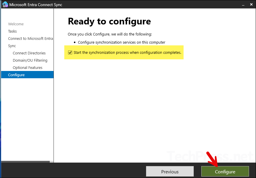 Start the synchronization process when configuration completes checkbox
