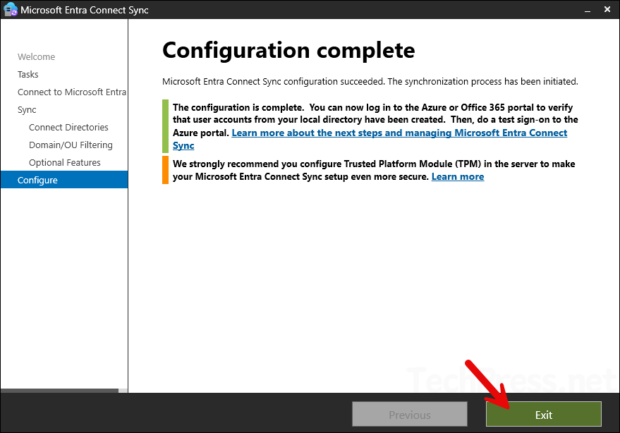 Reconfiguration completed Entra Connect Sync