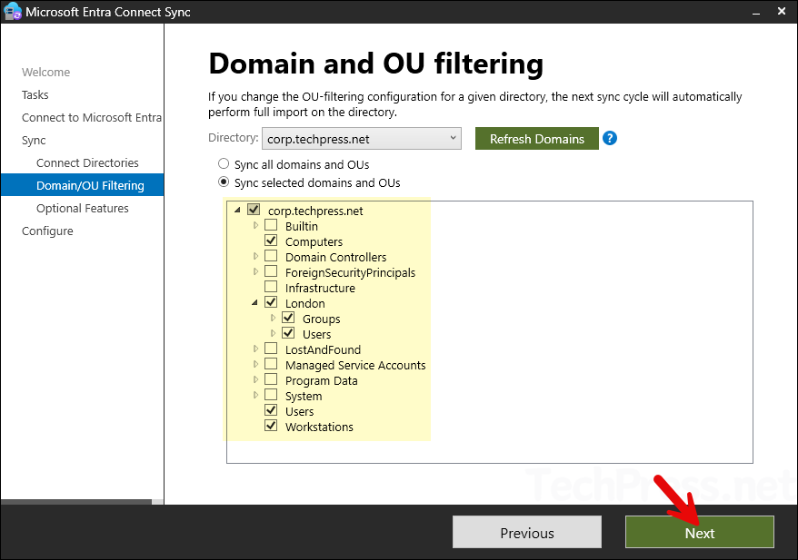 Entra Connect Sync update domain and OU filtering
