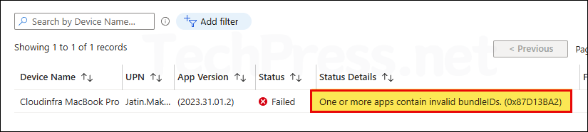One or more apps contain invalid bundleIDs. (0x87D13BA2)