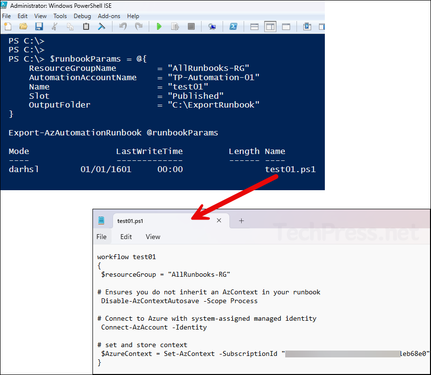 Export-AzAutomationRunbook Runbook export command output