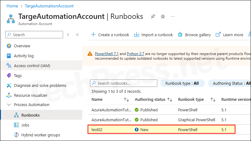 Runbook imported using Powershell