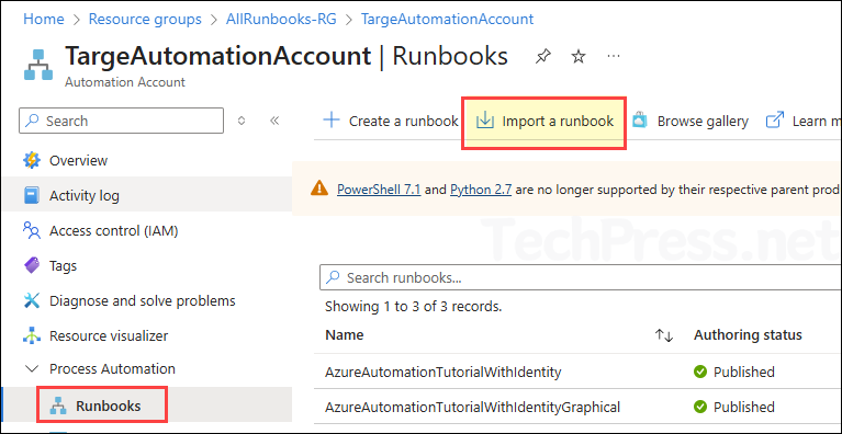 Import a runbook option on Azure Portal