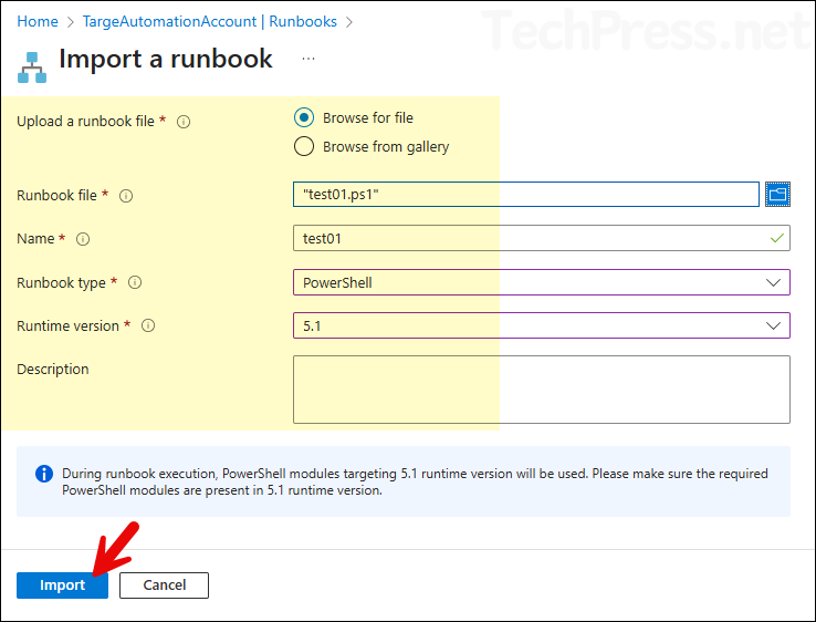 Values to supply for Importing a runbook