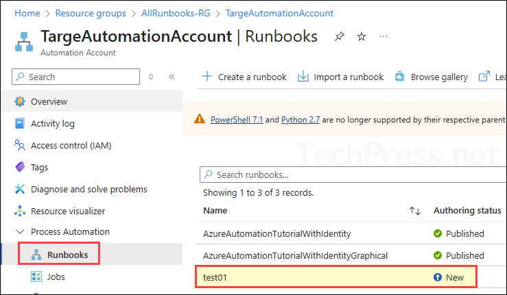 Runbook imported in the target azure automation account