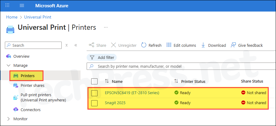 Registered Printers are displayed on Universal Print in Azure