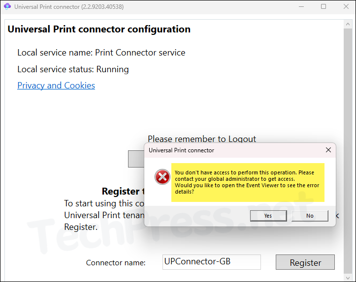 Unable to Register the Universal Print Connector