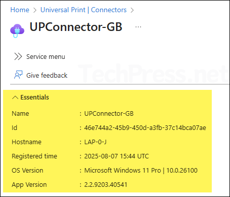 Universal Print connector Information on Azure
