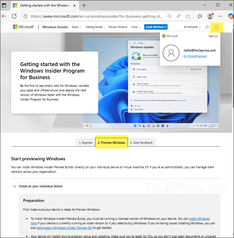 Register your account for windows insider
