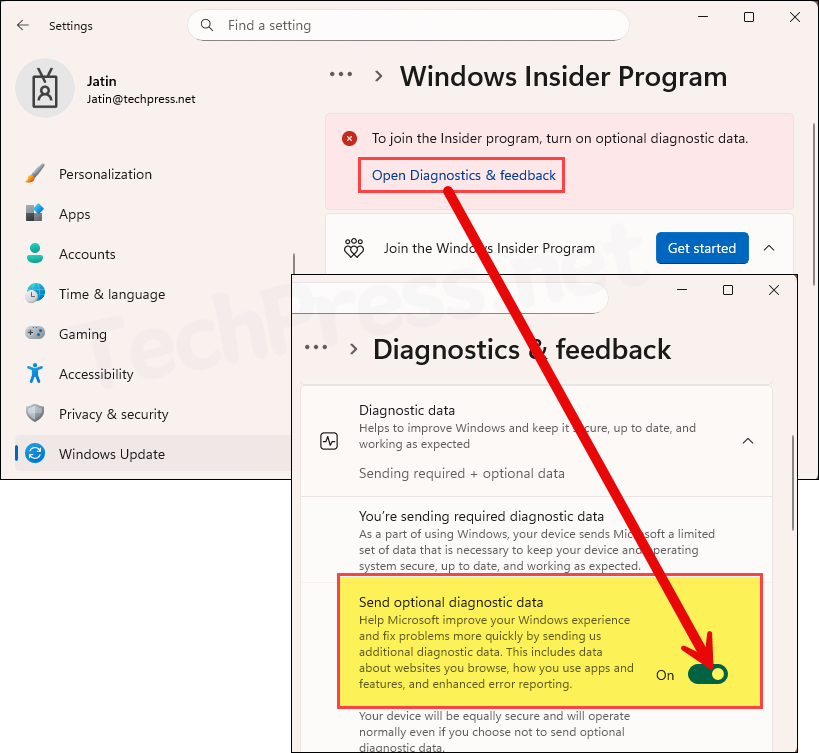 Enable Send optional diagnostic data