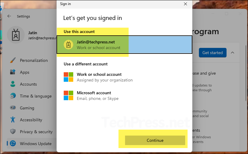 Select the Windows Insider account