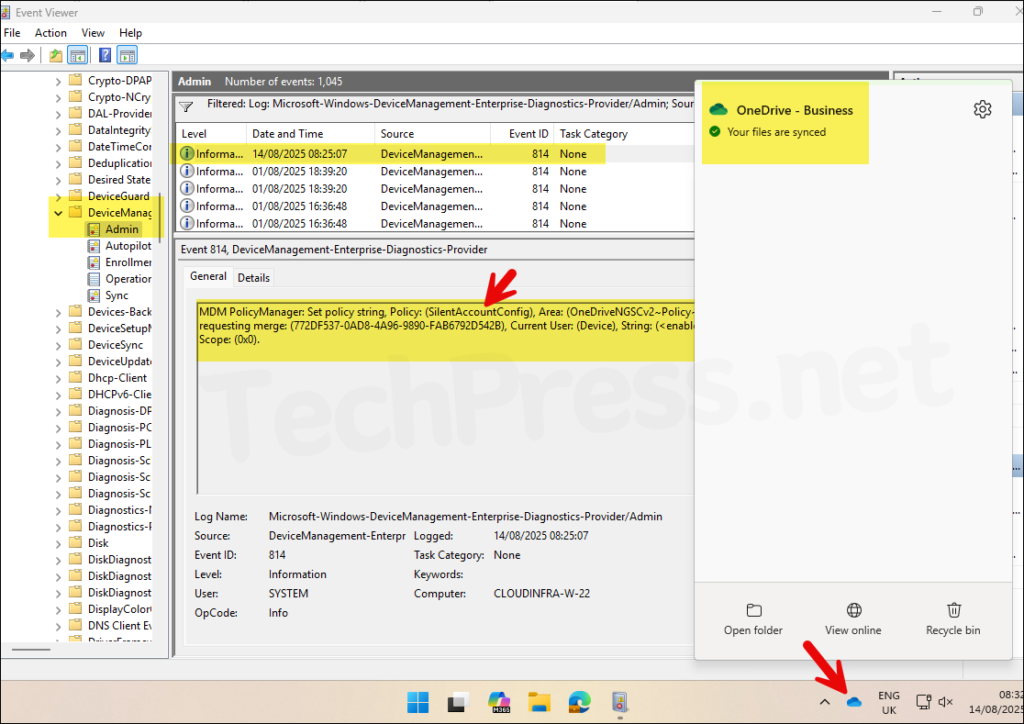 OneDrive Auto Sign in Intune Policy Event Viewer