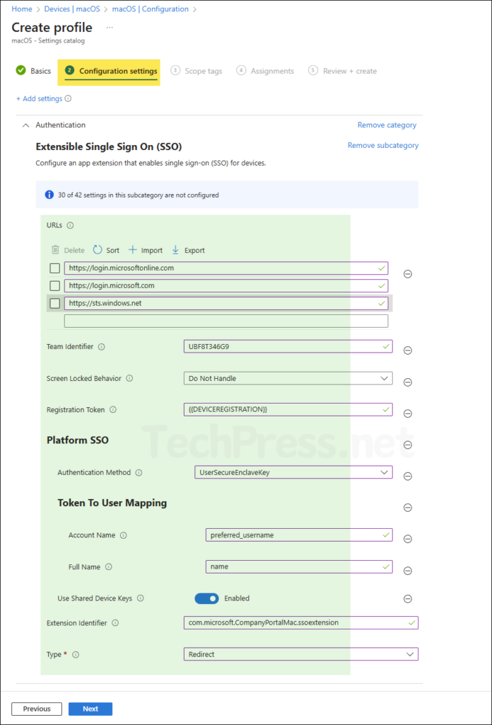 Platform SSO settings for SecureEnclave authentication