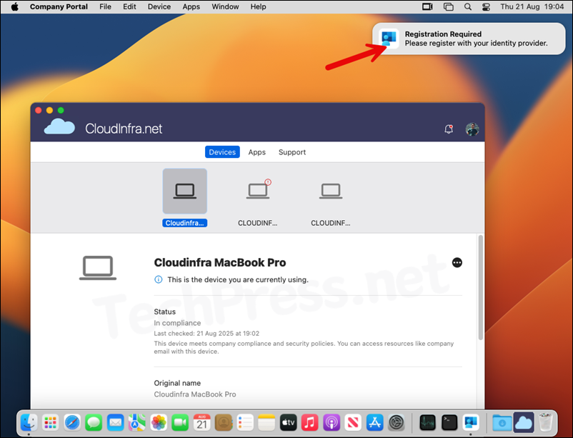 Registration required pop-up for macOS Entra Join.