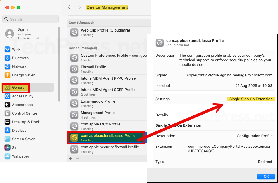 Device Management Platform SSO profile on mac