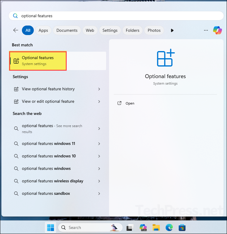 Optional Features in Start Menu