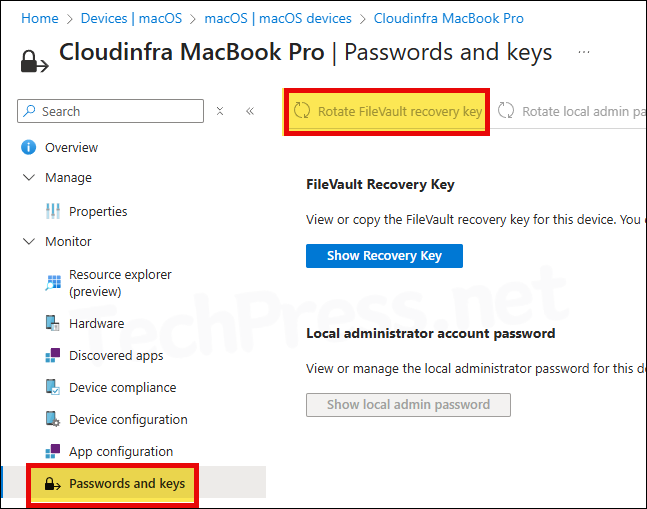 Rotate FileVault Recovery Key Option Under Password and keys
