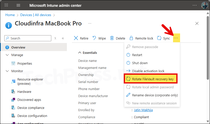 Rotate FileVault Recovery Key Option in Device Action Menu