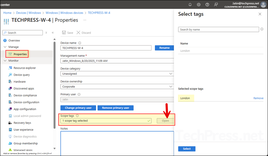 Check Scope tag on Intune device